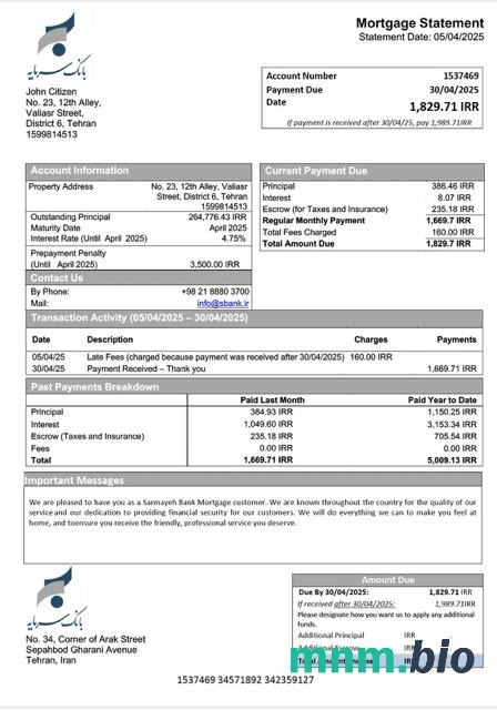 Iran Bank Sarmayeh wyciąg z kredytu hipotecznego szablon Word i PDF